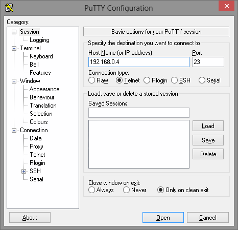 Configuring PuTTy to connect to OpenVix via Telnet